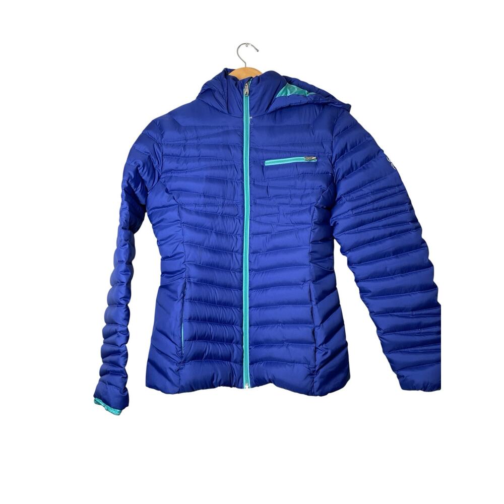 Spyder Goose Down Jacket Timeless Hoody Quilted Puffer hood Size M Blue
